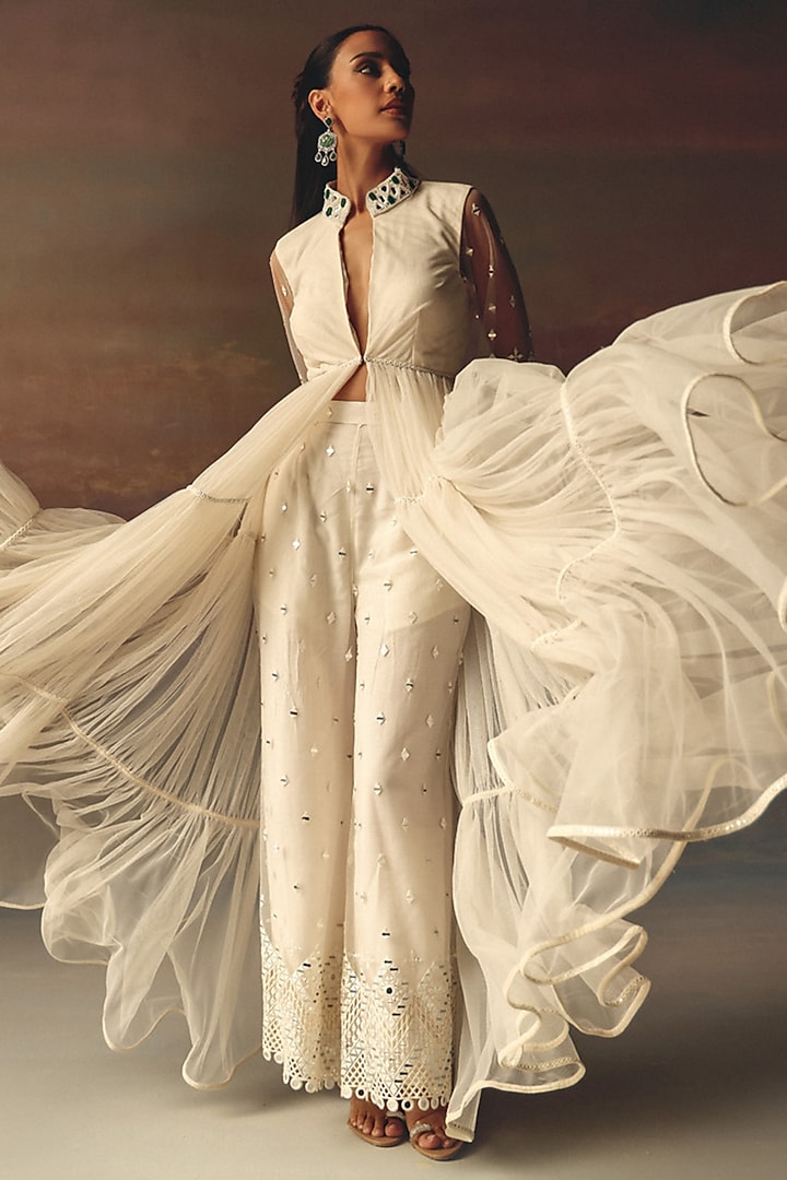 Ivory Soft Net Mirror Work Backless Anarkali Jacket by Twenty Nine at Pernia's Pop Up Shop