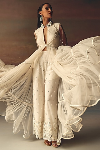 Ivory Soft Net Mirror Work Backless Anarkali Jacket by Twenty Nine