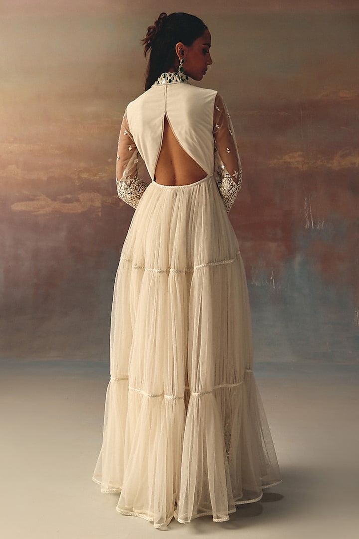 Ivory Soft Net Mirror Work Backless Anarkali Jacket by Twenty Nine at Pernia's Pop Up Shop