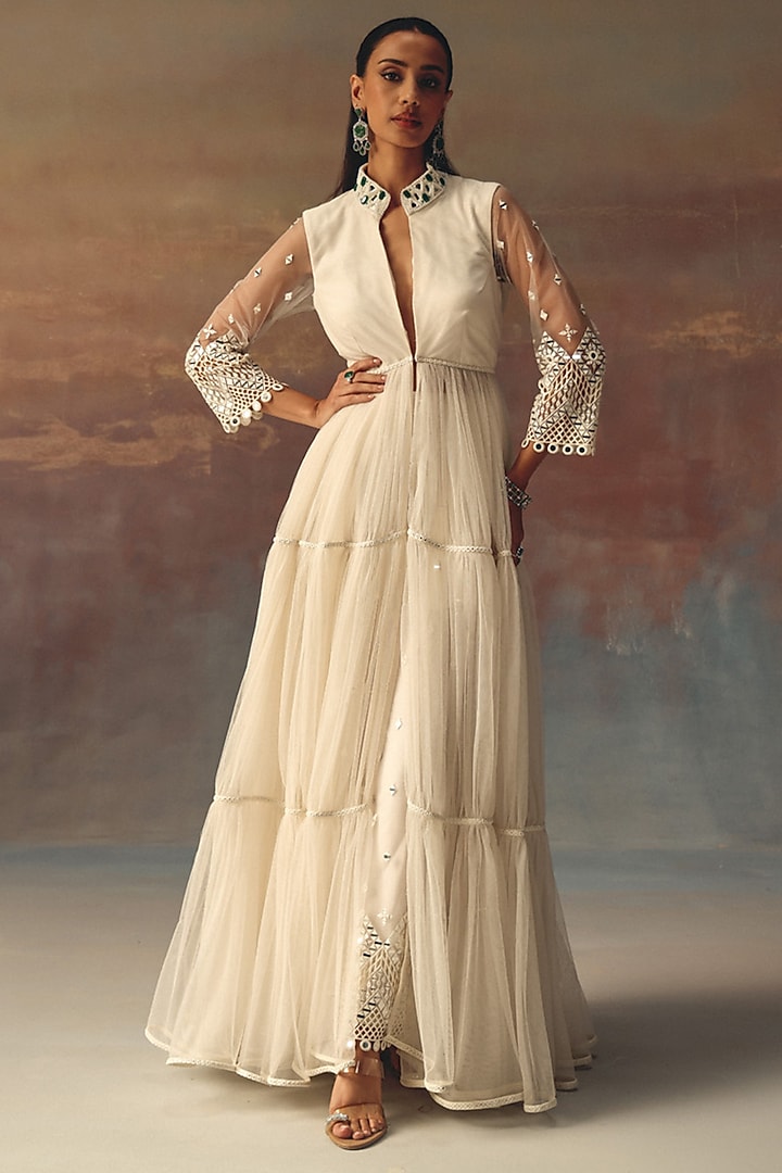 Ivory Soft Net Mirror Work Backless Anarkali Jacket by Twenty Nine at Pernia's Pop Up Shop