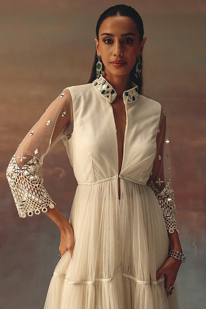 Ivory Soft Net Mirror Work Backless Anarkali Jacket by Twenty Nine at Pernia's Pop Up Shop