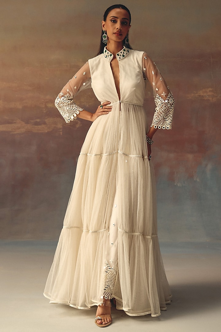 Ivory Soft Net Mirror Embellished Palazzo Pants by Twenty Nine at Pernia's Pop Up Shop