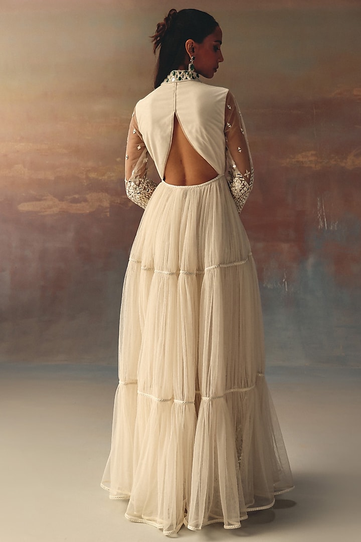 Ivory Soft Net Mirror Embellished Palazzo Pants by Twenty Nine at Pernia's Pop Up Shop