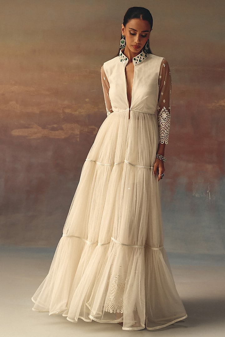 Ivory Soft Net Mirror Embellished Palazzo Pants by Twenty Nine at Pernia's Pop Up Shop