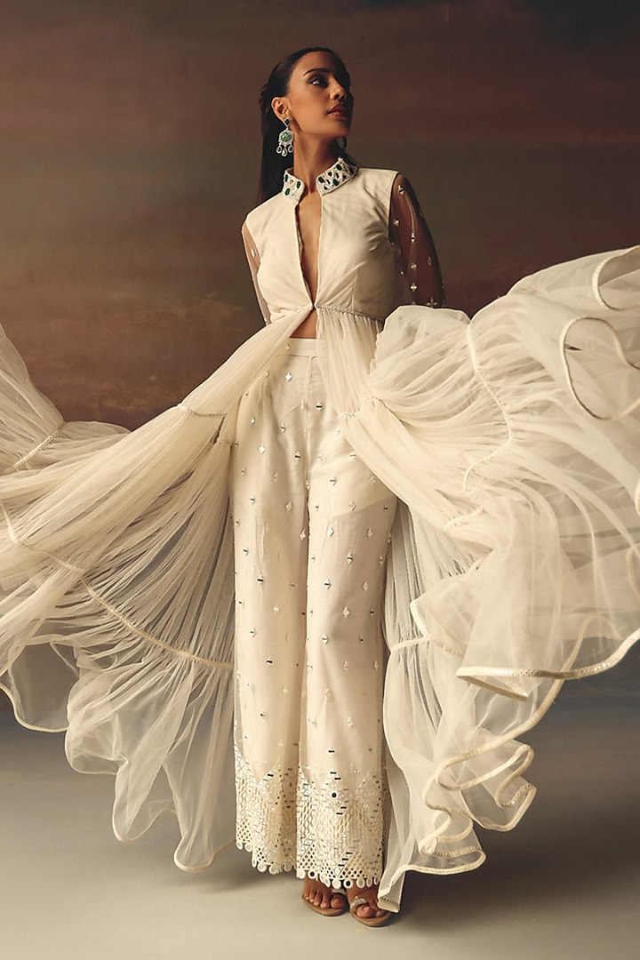 Ivory Soft Net Mirror Embellished Palazzo Pants by Twenty Nine at Pernia's Pop Up Shop