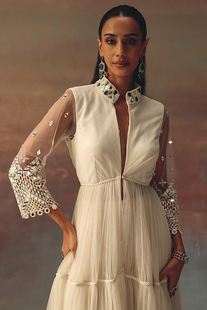 Ivory Soft Net Mirror Embellished Palazzo Pants by Twenty Nine at Pernia's Pop Up Shop