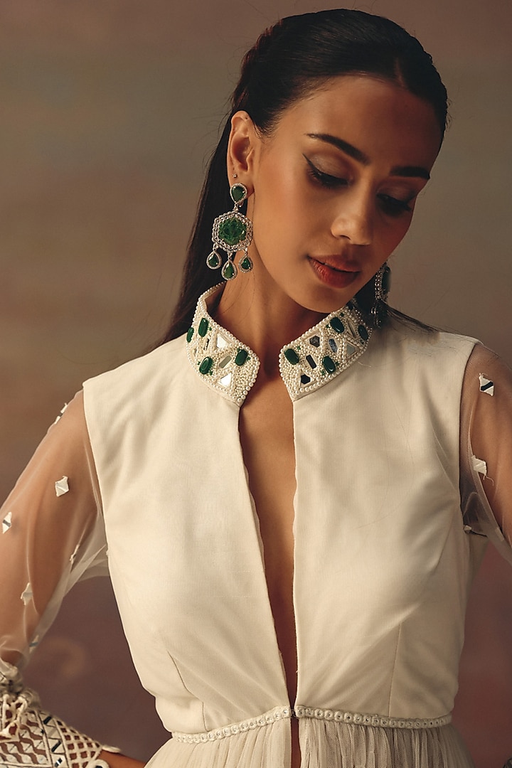 Ivory Soft Net Mirror Embellished Palazzo Pants by Twenty Nine at Pernia's Pop Up Shop