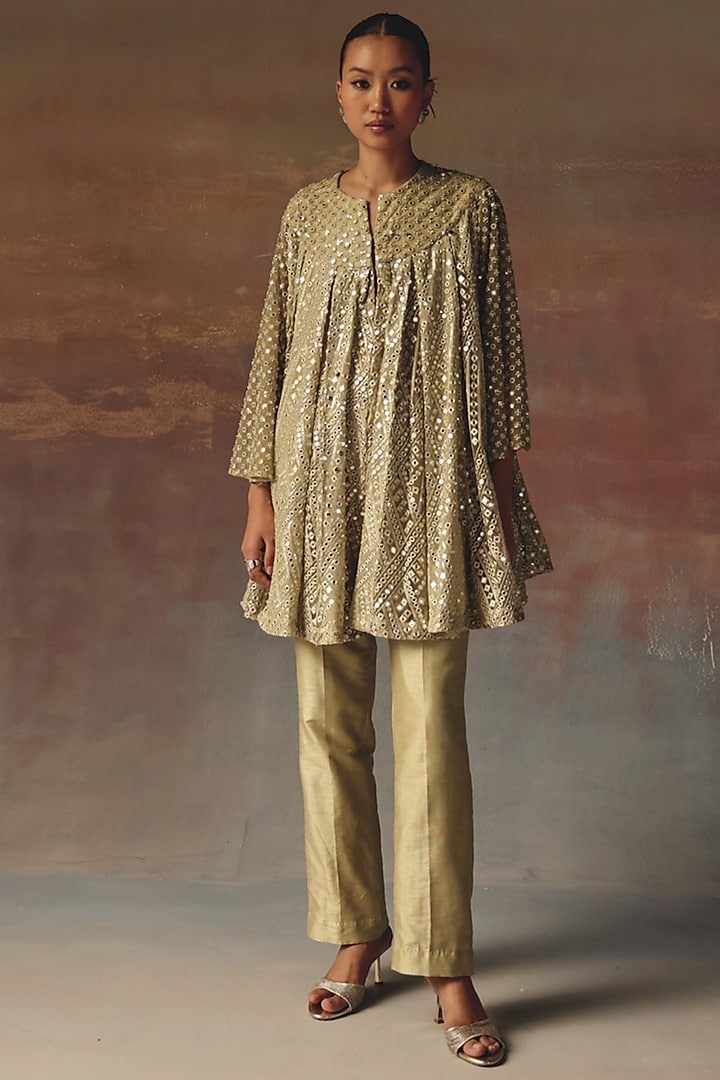 Sage Green Georgette Mirror Work A-Line Jacket Vacation Dress by Twenty Nine at Pernia's Pop Up Shop