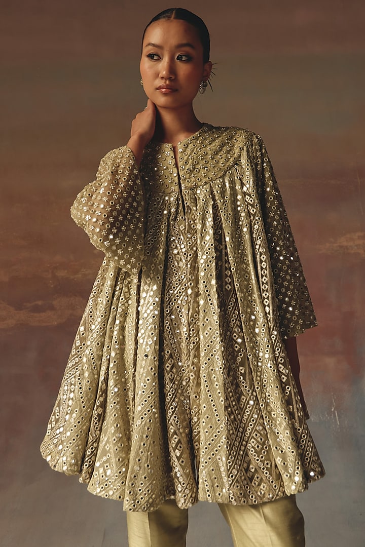 Sage Green Georgette Mirror Work A-Line Jacket Vacation Dress by Twenty Nine at Pernia's Pop Up Shop