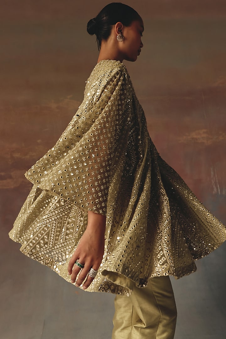 Sage Green Georgette Mirror Work A-Line Jacket Vacation Dress by Twenty Nine at Pernia's Pop Up Shop