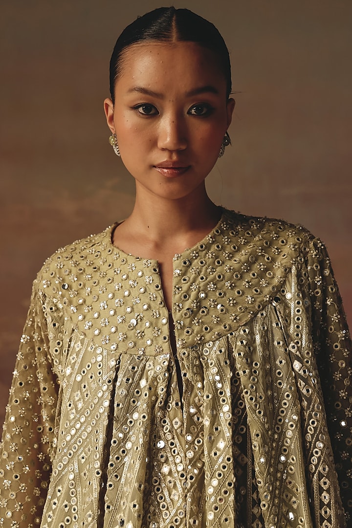 Sage Green Georgette Mirror Work A-Line Jacket Vacation Dress by Twenty Nine at Pernia's Pop Up Shop