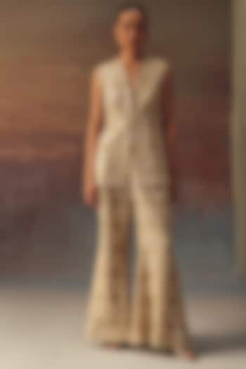 Golden Georgette Chikankari Embroidered Peplum Top by Twenty Nine at Pernia's Pop Up Shop