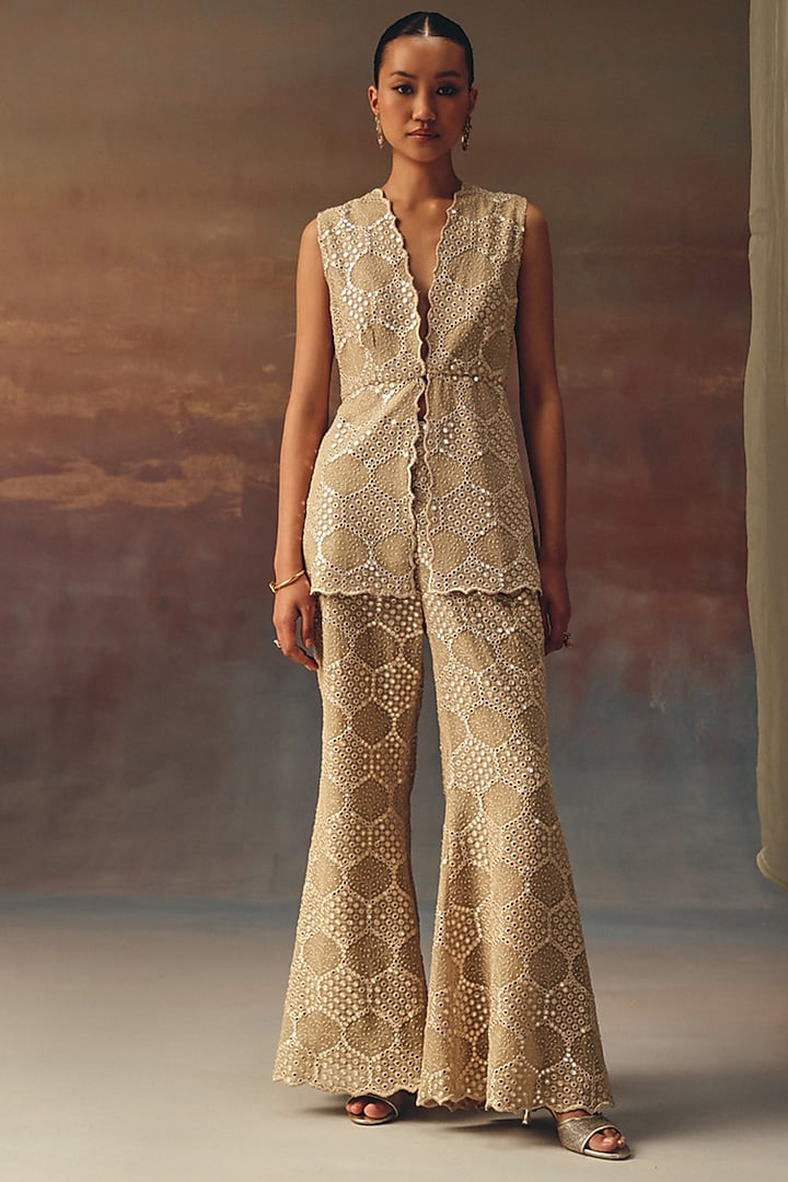 Golden Georgette Chikankari Embroidered Peplum Top by Twenty Nine at Pernia's Pop Up Shop