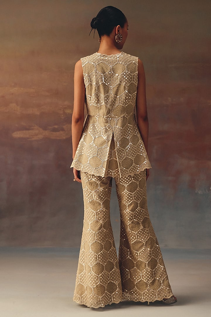 Golden Georgette Chikankari Embroidered Peplum Top by Twenty Nine at Pernia's Pop Up Shop