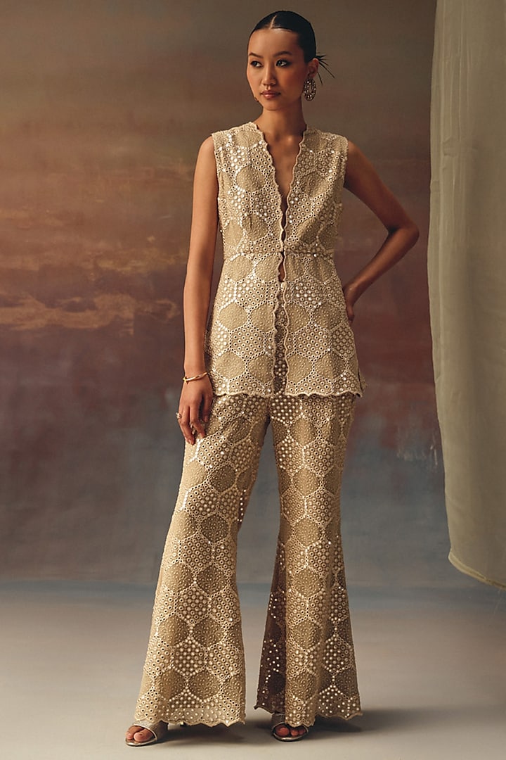 Golden Georgette Chikankari Embroidered Peplum Top by Twenty Nine at Pernia's Pop Up Shop