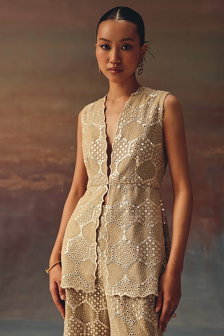 Golden Georgette Chikankari Embroidered Peplum Top by Twenty Nine at Pernia's Pop Up Shop