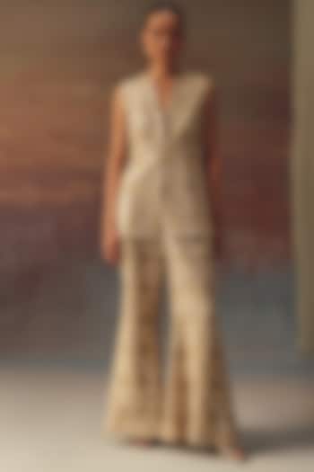 Golden Georgette Chikankari Embroidered Bell-Bottom Pants by Twenty Nine at Pernia's Pop Up Shop