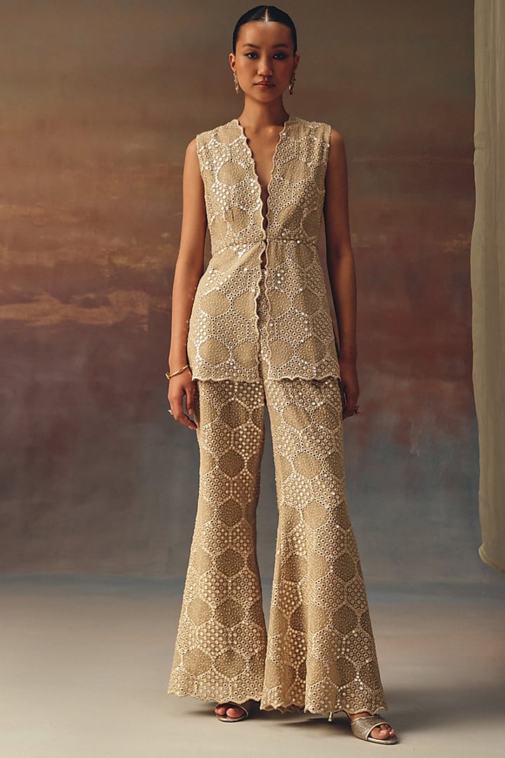 Golden Georgette Chikankari Embroidered Bell-Bottom Pants by Twenty Nine at Pernia's Pop Up Shop