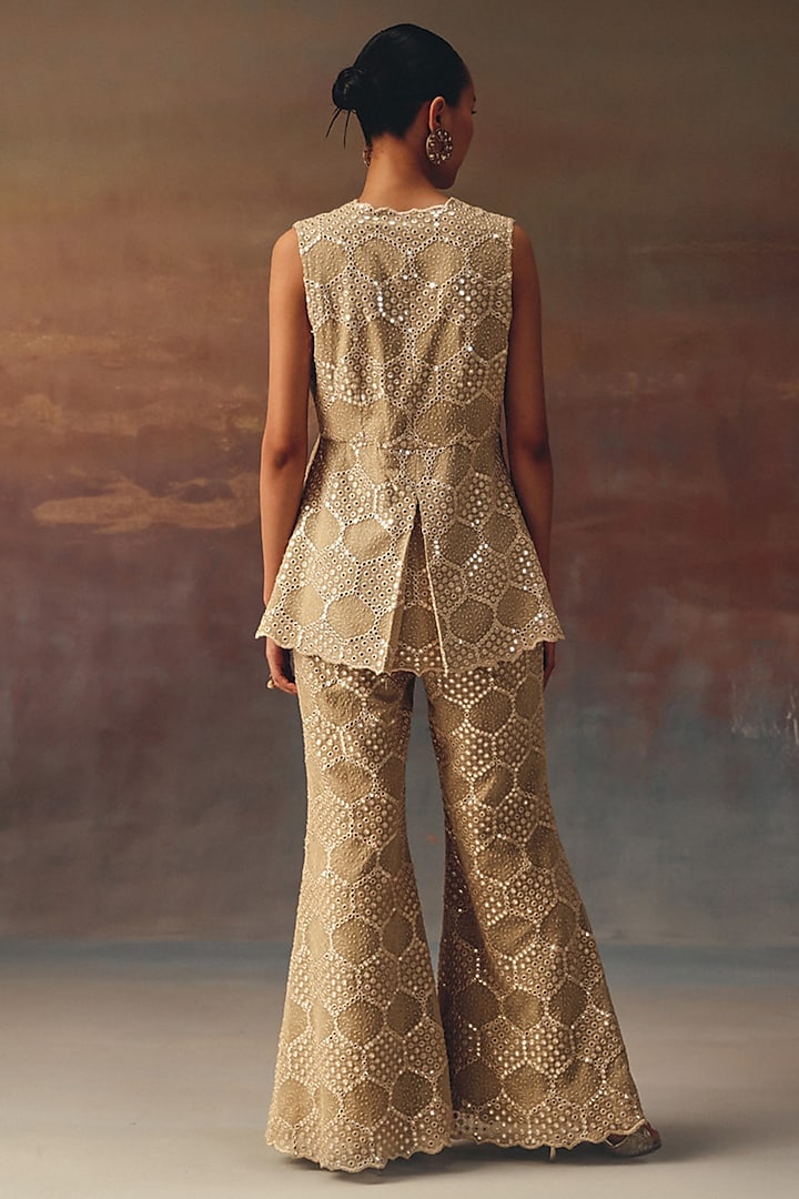 Golden Georgette Chikankari Embroidered Bell-Bottom Pants by Twenty Nine at Pernia's Pop Up Shop