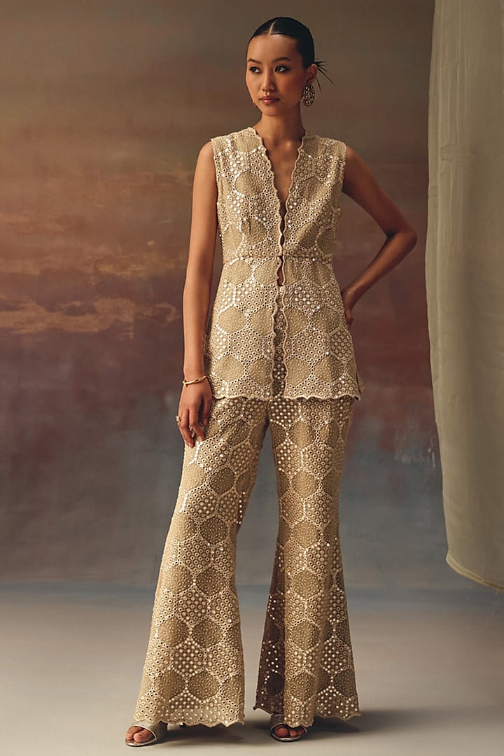 Golden Georgette Chikankari Embroidered Bell-Bottom Pants by Twenty Nine at Pernia's Pop Up Shop