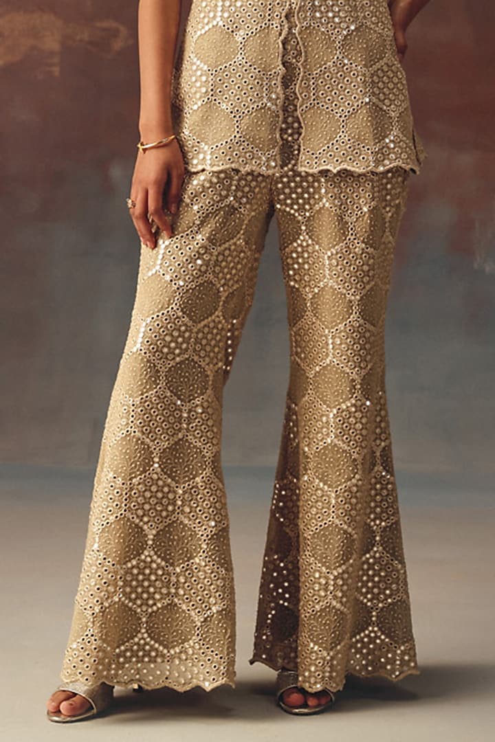 Golden Georgette Chikankari Embroidered Bell-Bottom Pants by Twenty Nine at Pernia's Pop Up Shop
