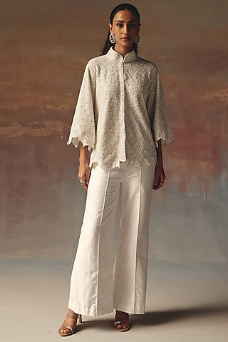 White Georgette Mirror Work Scalloped Jacket by Twenty Nine