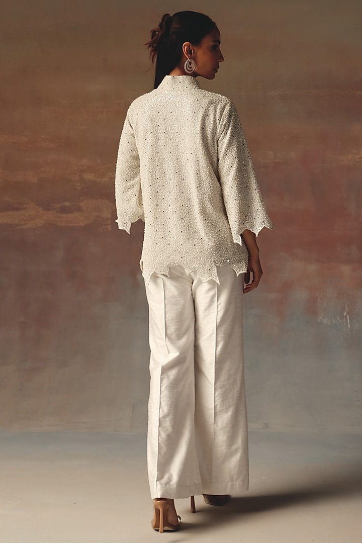 White Georgette Mirror Work Scalloped Jacket by Twenty Nine at Pernia's Pop Up Shop