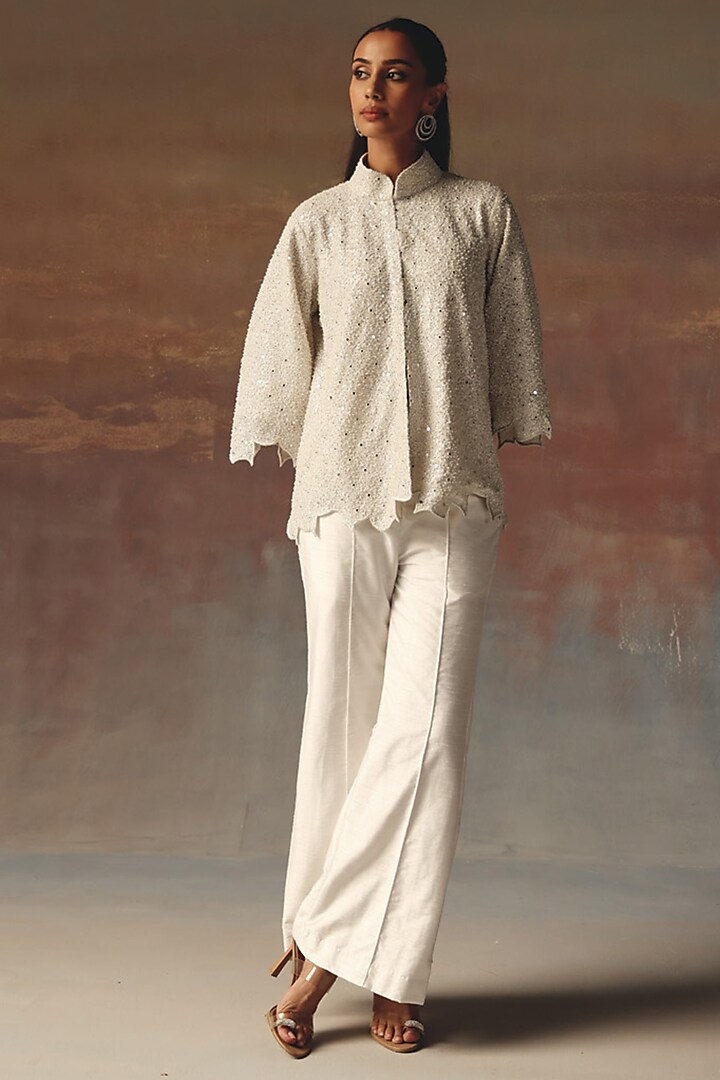 White Georgette Mirror Work Scalloped Jacket by Twenty Nine at Pernia's Pop Up Shop