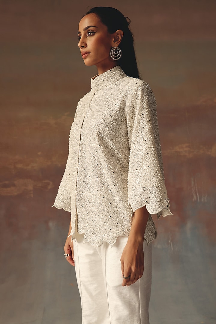 White Georgette Mirror Work Scalloped Jacket by Twenty Nine at Pernia's Pop Up Shop