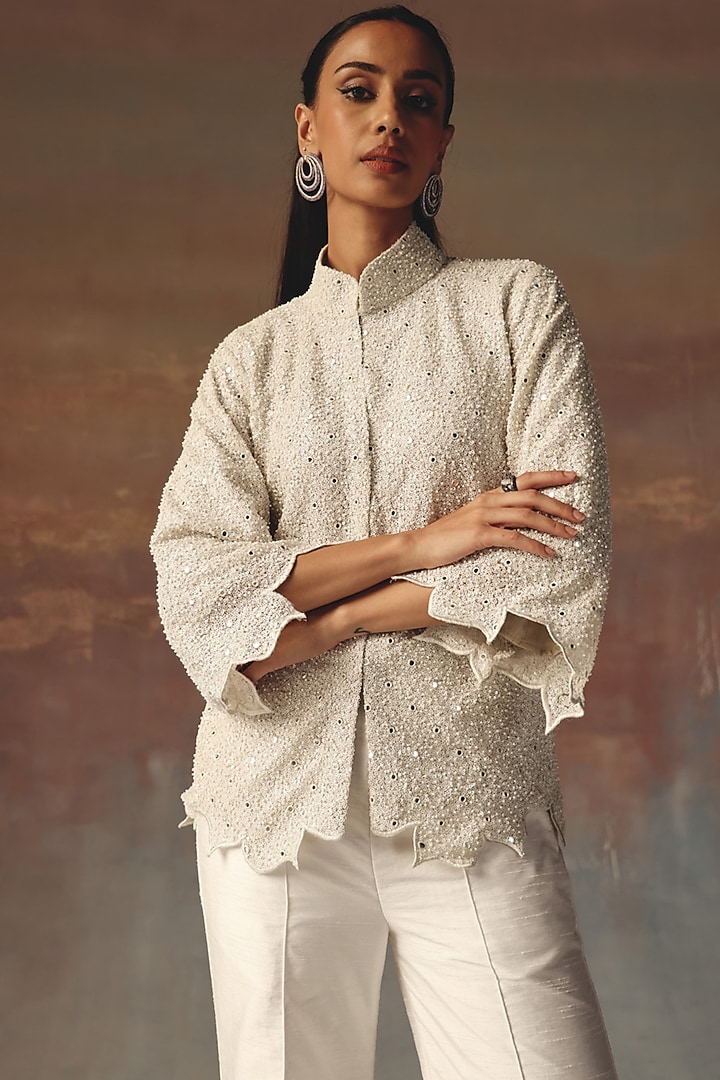 White Georgette Mirror Work Scalloped Jacket by Twenty Nine at Pernia's Pop Up Shop