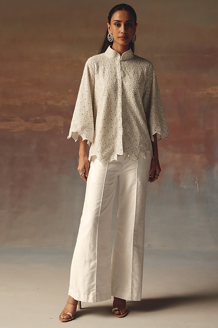 White Dupion Mirror Work Bell-Bottom Pants by Twenty Nine at Pernia's Pop Up Shop