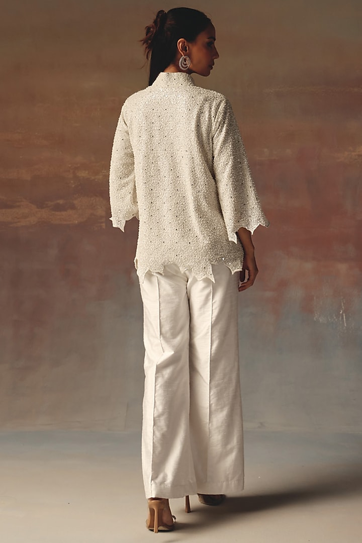 White Dupion Mirror Work Bell-Bottom Pants by Twenty Nine at Pernia's Pop Up Shop