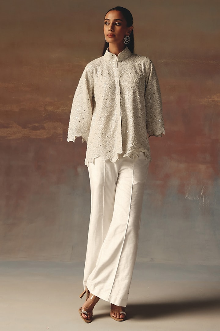 White Dupion Mirror Work Bell-Bottom Pants by Twenty Nine at Pernia's Pop Up Shop