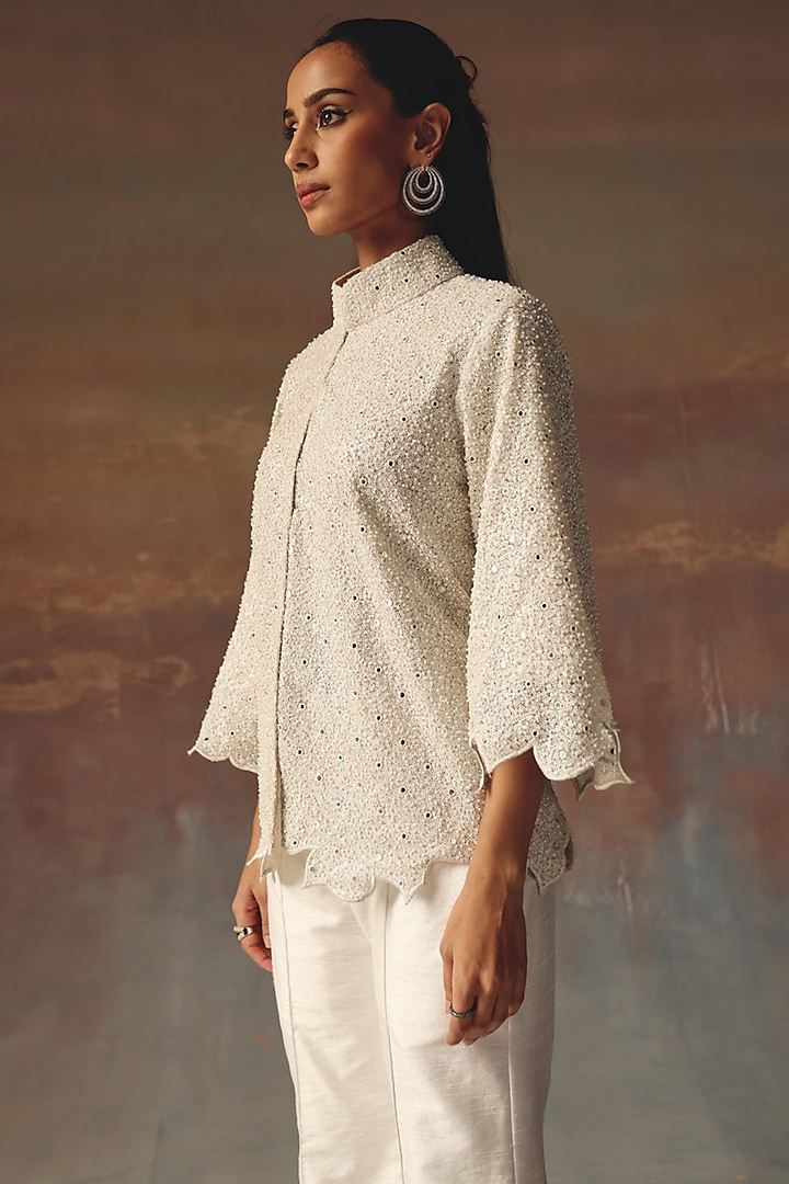 White Dupion Mirror Work Bell-Bottom Pants by Twenty Nine at Pernia's Pop Up Shop