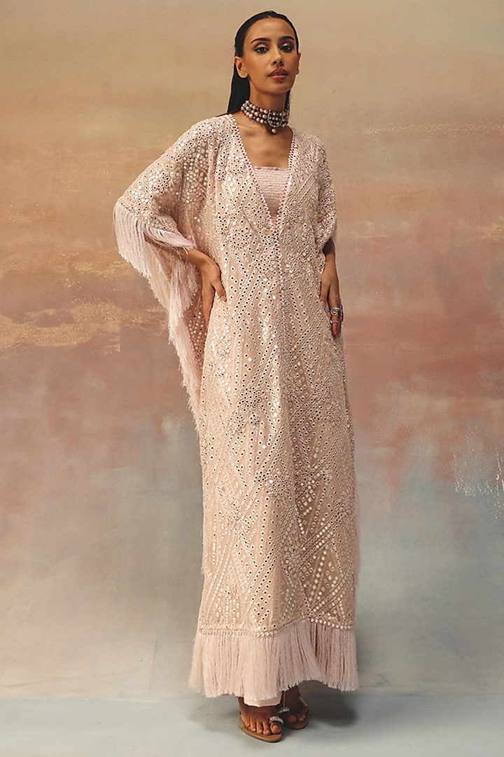 Blush Pink Georgette Mirror Work Kaftan by Twenty Nine at Pernia's Pop Up Shop
