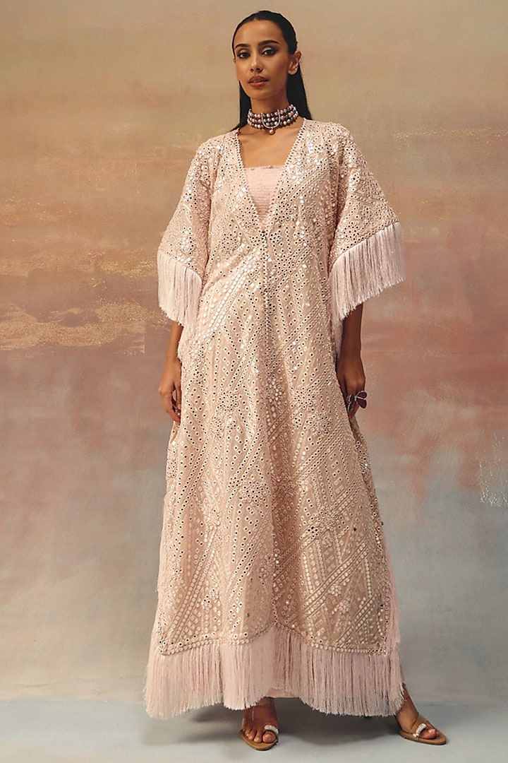 Blush Pink Georgette Mirror Work Kaftan by Twenty Nine at Pernia's Pop Up Shop
