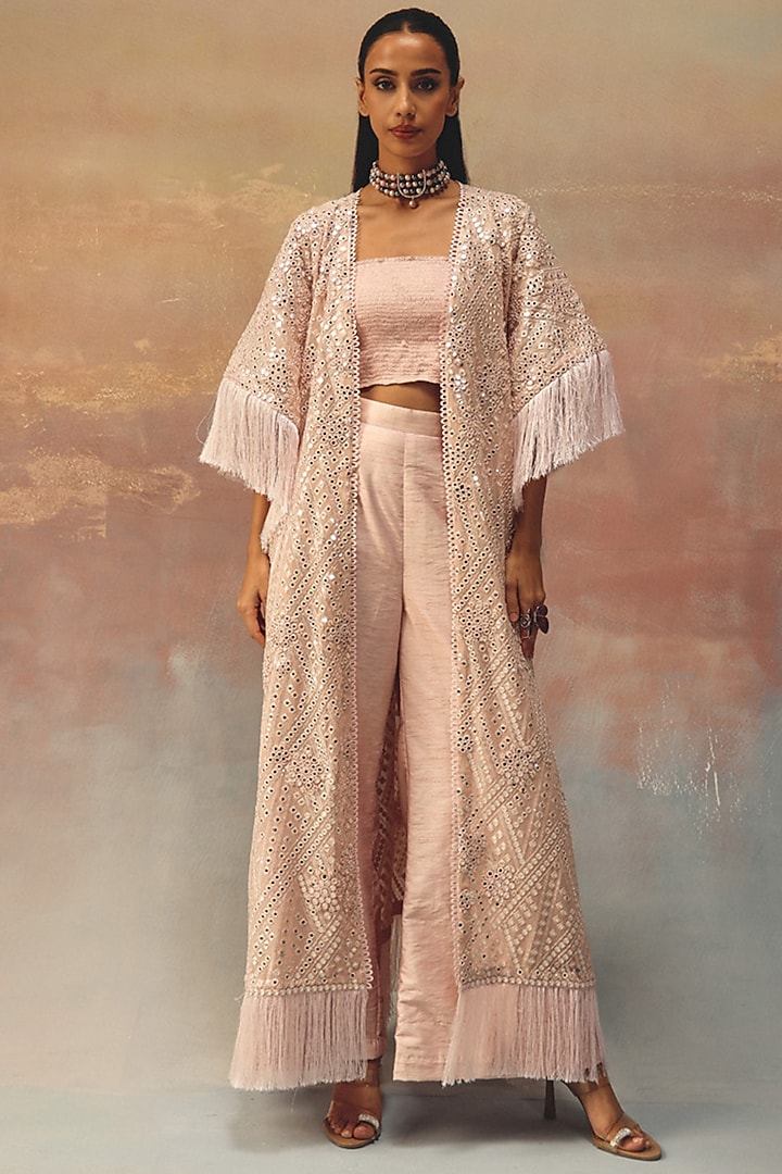 Blush Pink Dupion Mirror Work Ankle-Length Pants by Twenty Nine at Pernia's Pop Up Shop