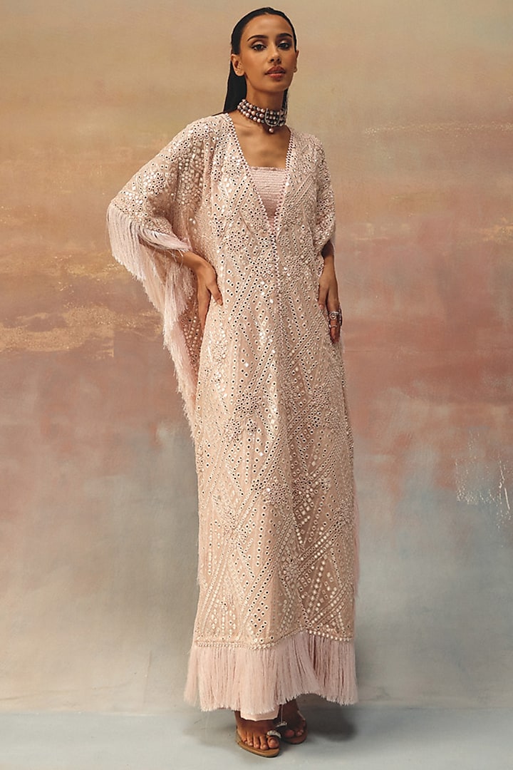 Blush Pink Dupion Mirror Work Ankle-Length Pants by Twenty Nine at Pernia's Pop Up Shop