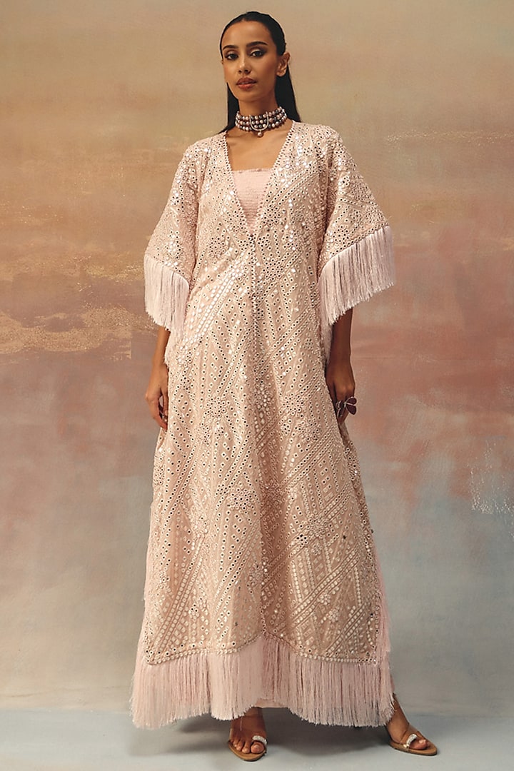 Blush Pink Dupion Mirror Work Ankle-Length Pants by Twenty Nine at Pernia's Pop Up Shop