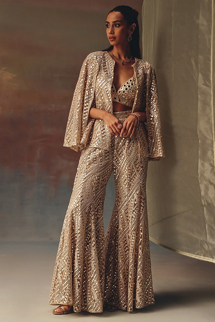 Gold Soft Net Mirror Work Jacket by Twenty Nine at Pernia's Pop Up Shop