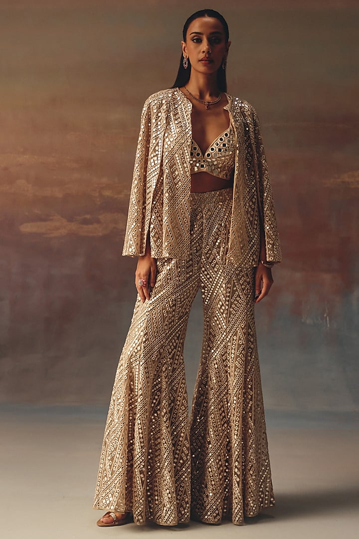 Gold Soft Net Mirror Work Jacket by Twenty Nine at Pernia's Pop Up Shop