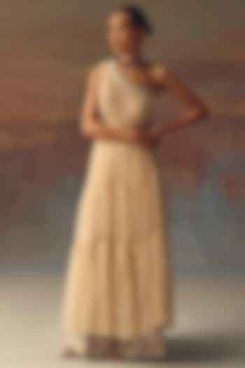 Peach Soft Net Mirror Embellished One-Shoulder Anarkali Vacation Dress by Twenty Nine at Pernia's Pop Up Shop