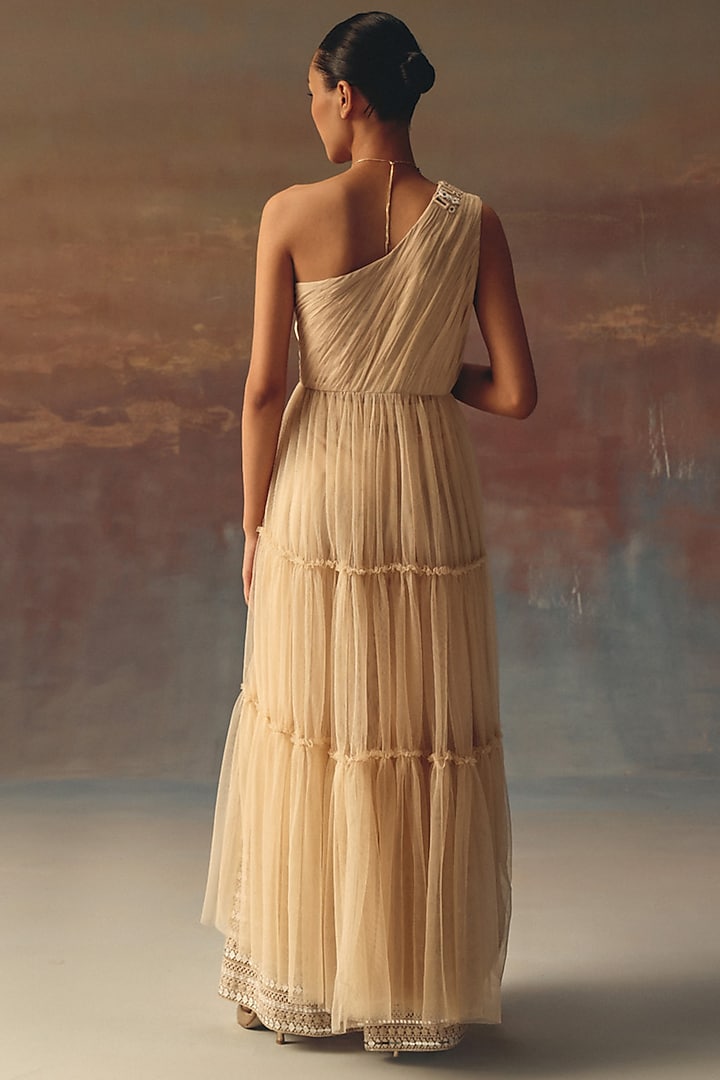 Peach Soft Net Mirror Embellished One-Shoulder Anarkali Vacation Dress by Twenty Nine at Pernia's Pop Up Shop