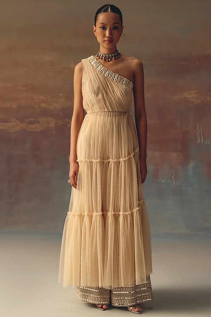 Peach Soft Net Mirror Embellished One-Shoulder Anarkali Vacation Dress by Twenty Nine at Pernia's Pop Up Shop