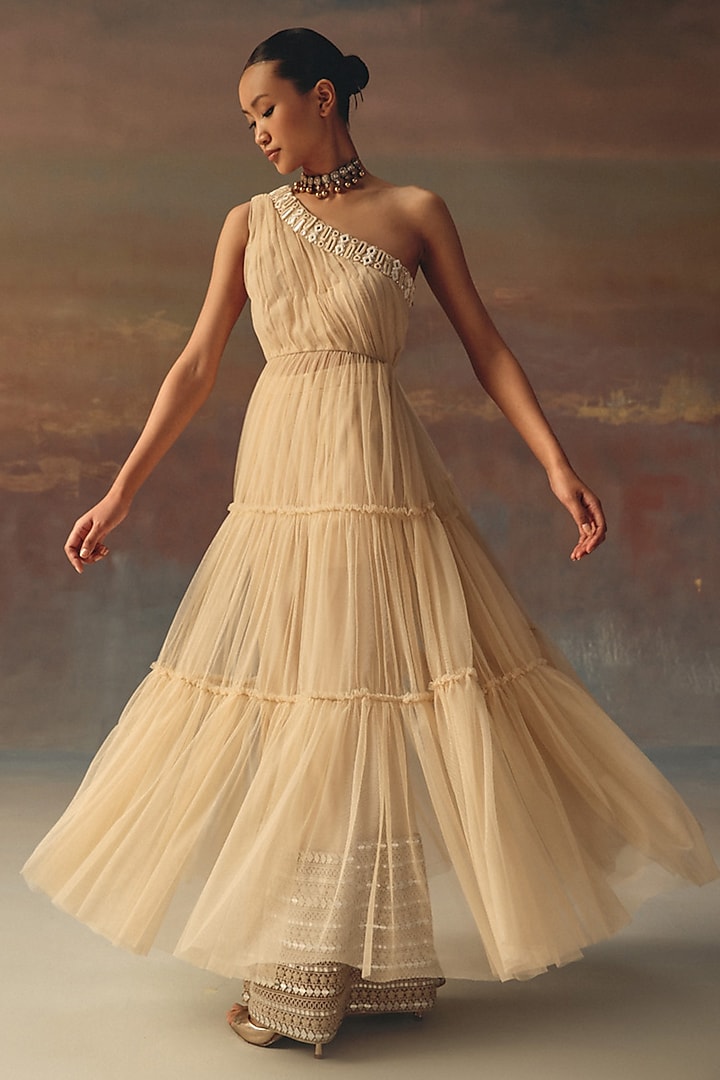 Peach Soft Net Mirror Embellished One-Shoulder Anarkali Vacation Dress by Twenty Nine at Pernia's Pop Up Shop