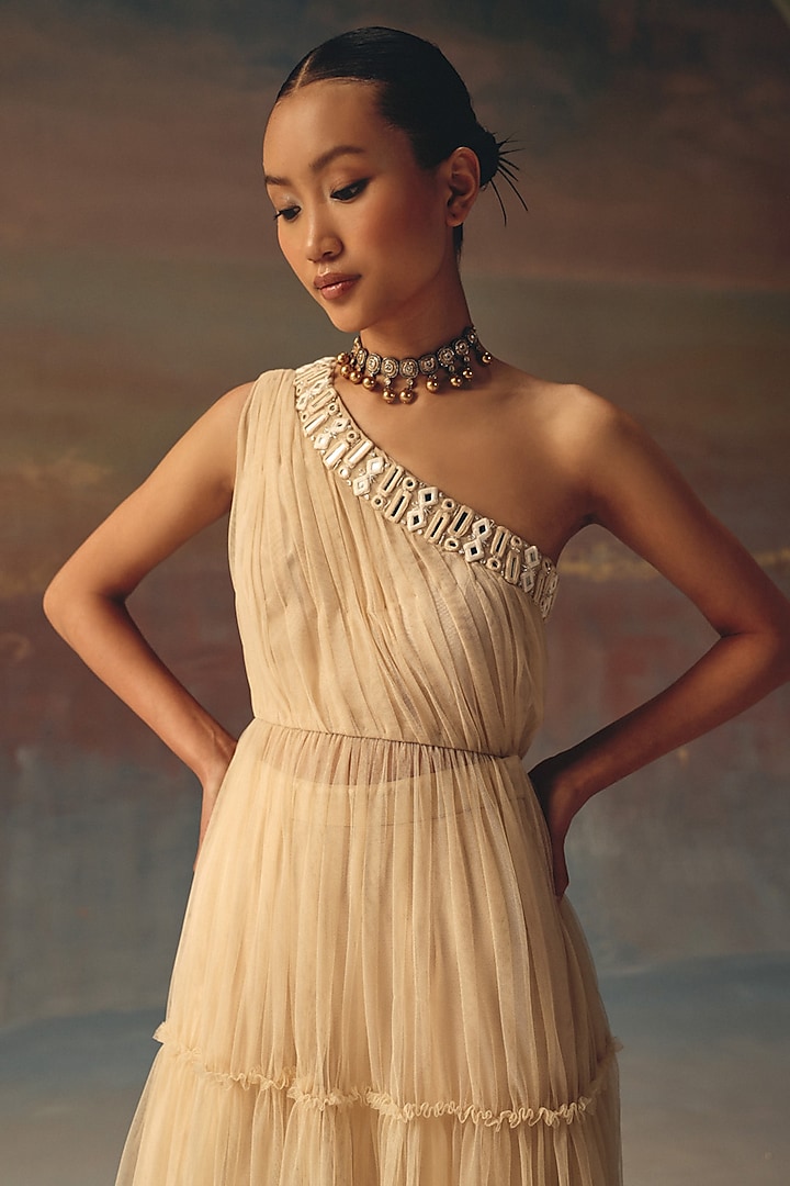 Peach Soft Net Mirror Embellished One-Shoulder Anarkali Vacation Dress by Twenty Nine at Pernia's Pop Up Shop