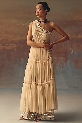 Peach Soft Net Mirror Embellished Palazzo Pants by Twenty Nine