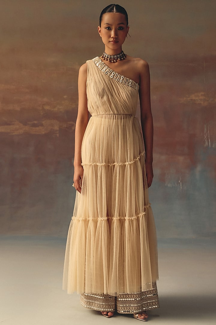 Peach Soft Net Mirror Embellished Palazzo Pants by Twenty Nine at Pernia's Pop Up Shop