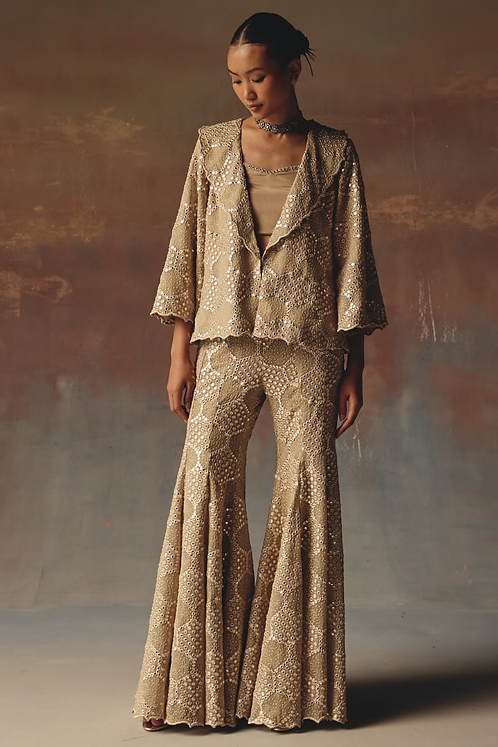 Gold Georgette Chikankari Embroidered A-Line Blazer by Twenty Nine at Pernia's Pop Up Shop
