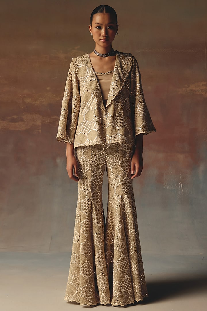Gold Georgette Chikankari Embroidered A-Line Blazer by Twenty Nine at Pernia's Pop Up Shop